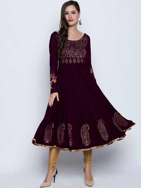 

Ira Soleil Women Purple & French Middle Red Purple Ethnic Motif Foil Print Anarkali Kurta