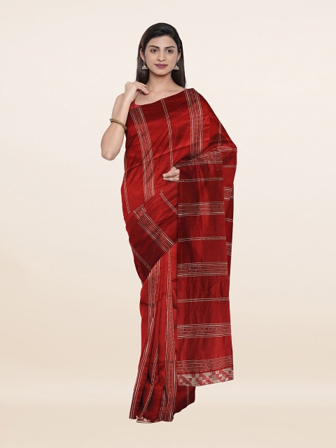 

Pothys Red & Silver-Toned Woven Design Sequinned Saree
