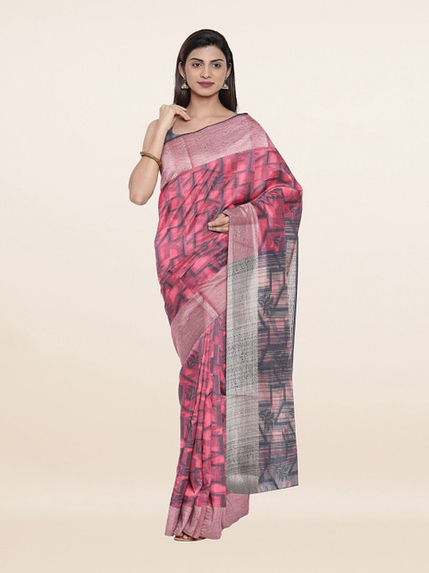 

Pothys Pink & Silver-Toned Woven Design Zari Saree With Unstitched Blouse Piece