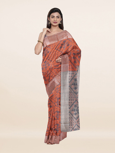 

Pothys Peach-Coloured & Grey Woven Design Cotton Blend Zari Saree