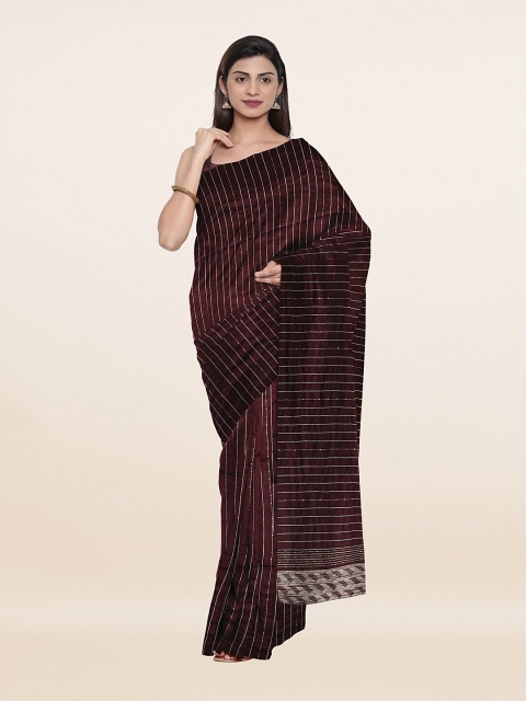 

Pothys Coffee Brown & Silver-Toned Striped Sequined Saree