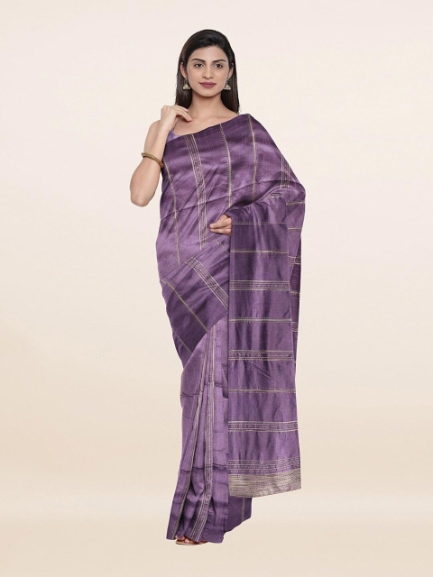 

Pothys Lavender & Gold-Toned Striped Sequinned Saree