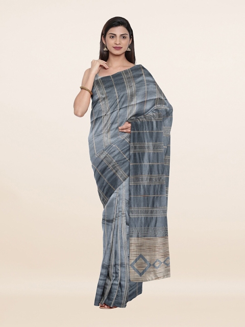 

Pothys Grey Striped Sequinned Cotton Blend Saree