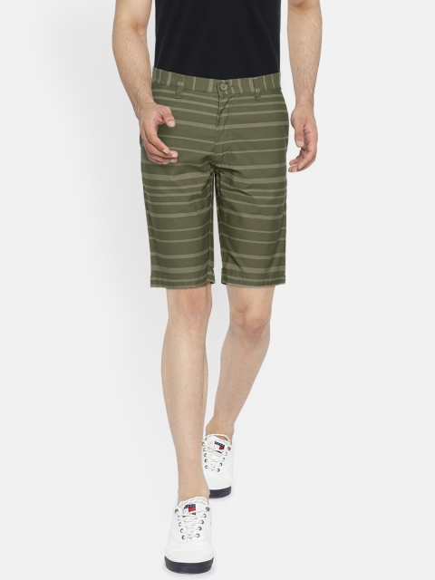 

Indian Terrain Men Olive Green Striped Slim Fit Shorts