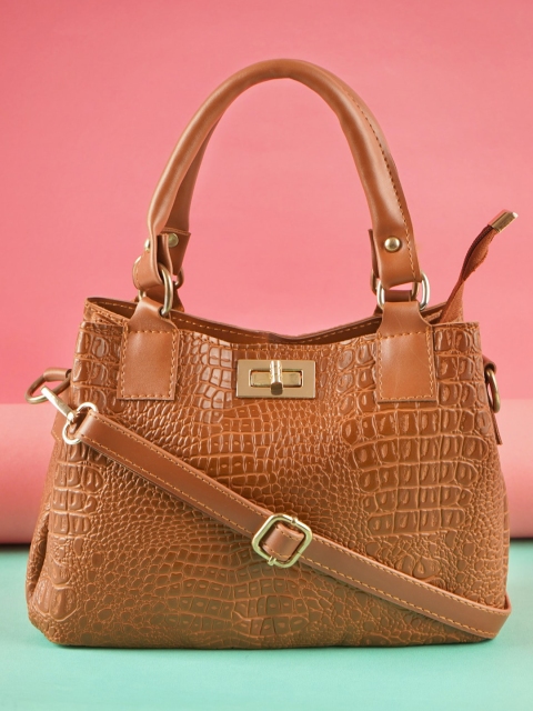 

LEKHX Brown PU Shopper Handheld Bag with Cut Work