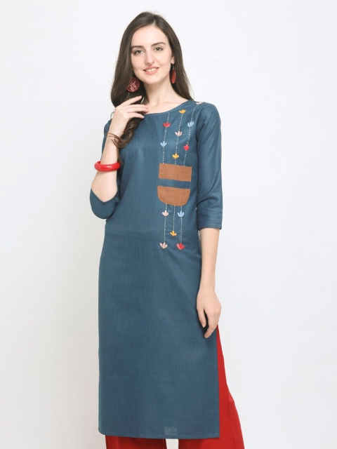 

SAPTRANGI Women Blue & Orange Embroidered Straight Kurta