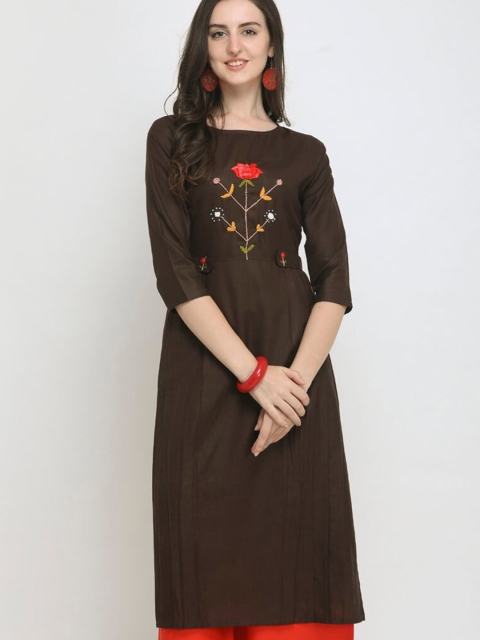 

SAPTRANGI Women Brown & Red Floral Embroidered Thread Work Kurta