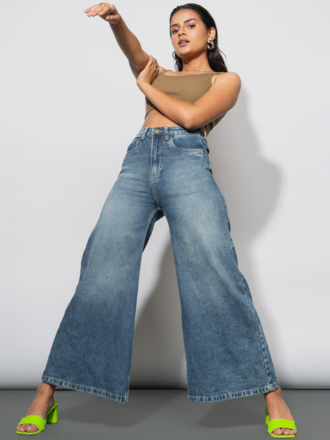 

FREAKINS Women Blue Flared High-Rise Light Fade Cotton Jeans