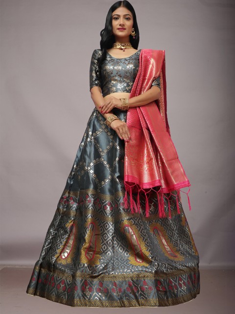 

Ekta Textiles Grey & Fuchsia Semi-Stitched Lehenga & Unstitched Blouse With Dupatta