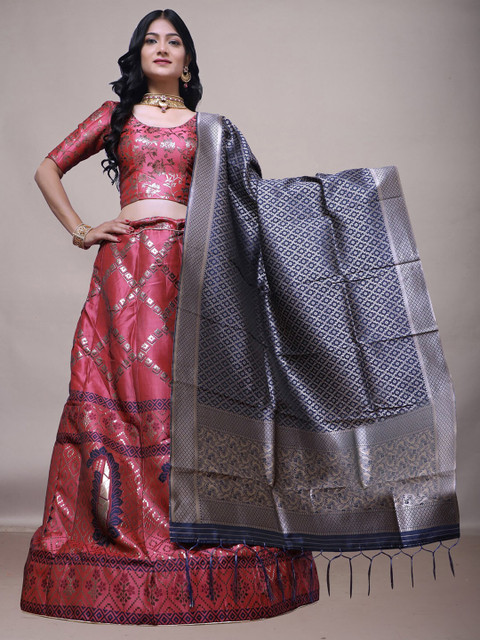 

Ekta Textiles Magenta & Blue Semi-Stitched Lehenga & Unstitched Blouse With Dupatta