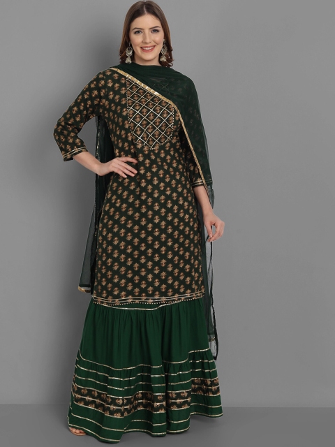 

SINGNI Women Green Ethnic Motifs Printed Gotta Patti Kurta with Sharara & With Dupatta