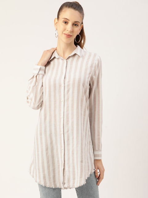 

LC Waikiki Women Beige & White Pure Cotton Striped Casual Shirt
