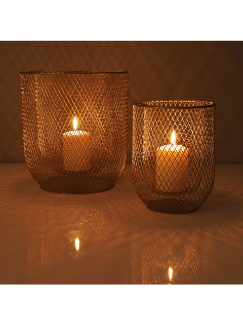

HomeTown Set Of 2 Gold-Toned Floor Lantern Metal Candle Holders