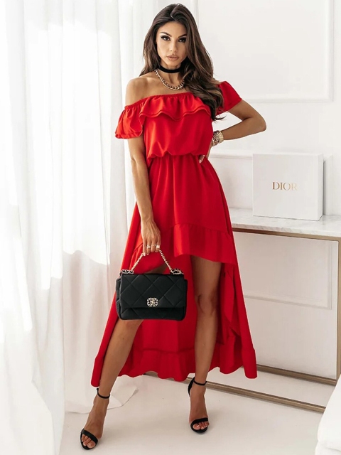 

BoStreet Women Red Off-Shoulder Ruffled Maxi Dress
