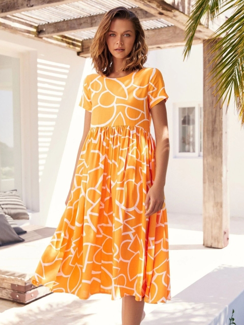 

BoStreet Orange & White Printed Midi Dress