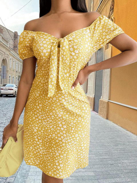 

BoStreet Yellow Floral Off-Shoulder A-Line Dress