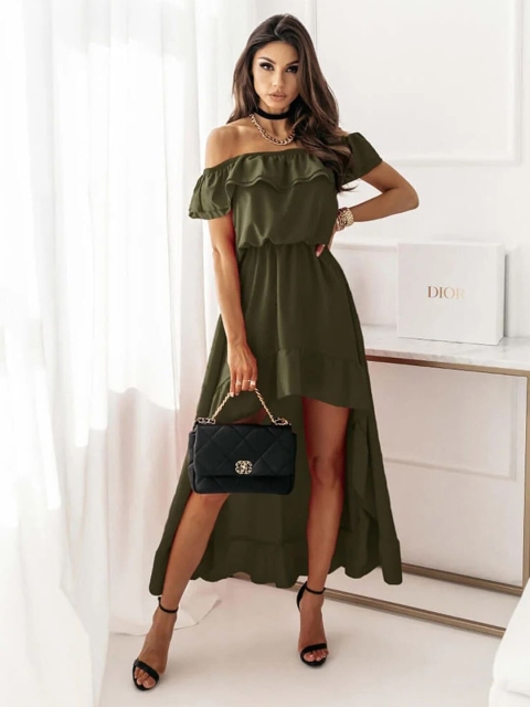 

BoStreet Olive Green Off-Shoulder A-Line Maxi Dress