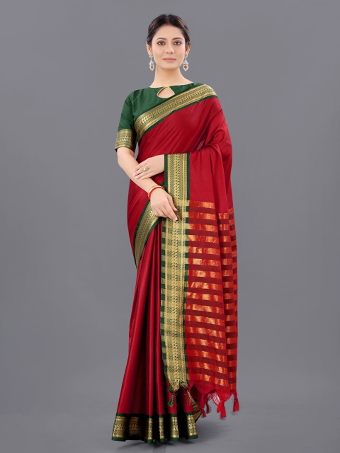 

WILORI Maroon & Green Striped Zari Silk Cotton Mysore Silk Saree