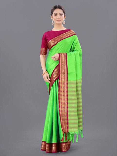 

WILORI Green & Magenta Striped Zari Silk Cotton Mysore Silk Saree