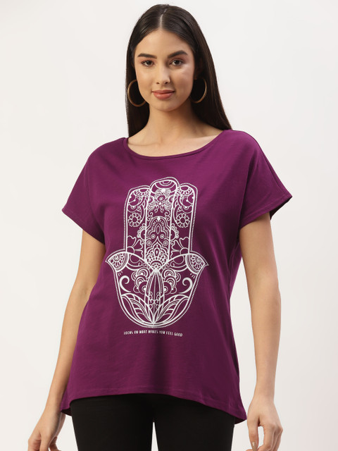 

LC Waikiki Women Purple Printed Pure Cotton T-shirt