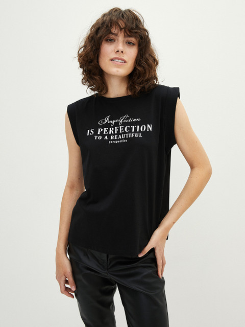 

LC Waikiki Women Black Typography Printed Pure Cotton T-shirt