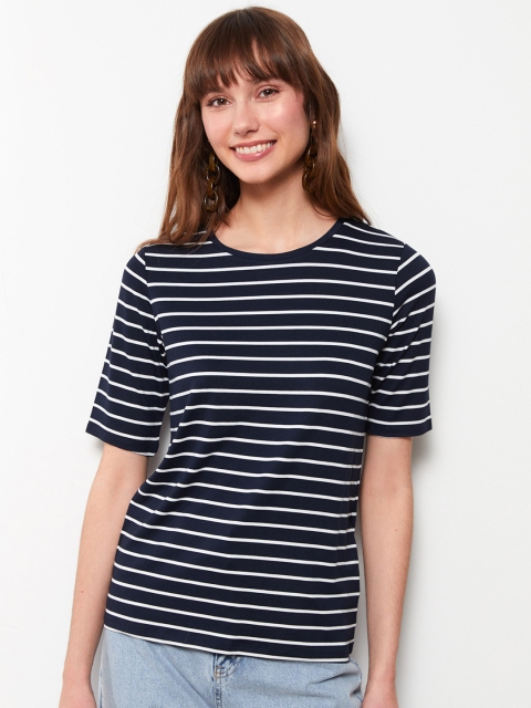 

LC Waikiki Women Navy Blue & White Striped T-shirt