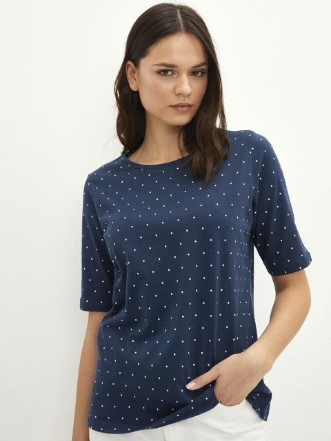 

LC Waikiki Women Blue & White Printed Pure Cotton T-shirt