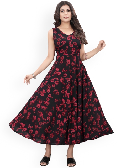 

WEAVETECH IMPEX Black & Red Floral Printed Sleeveless Maxi Dress