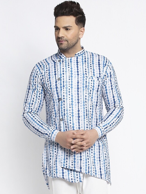 

Benstoke Men White & Blue Printed Angrakha Kurti