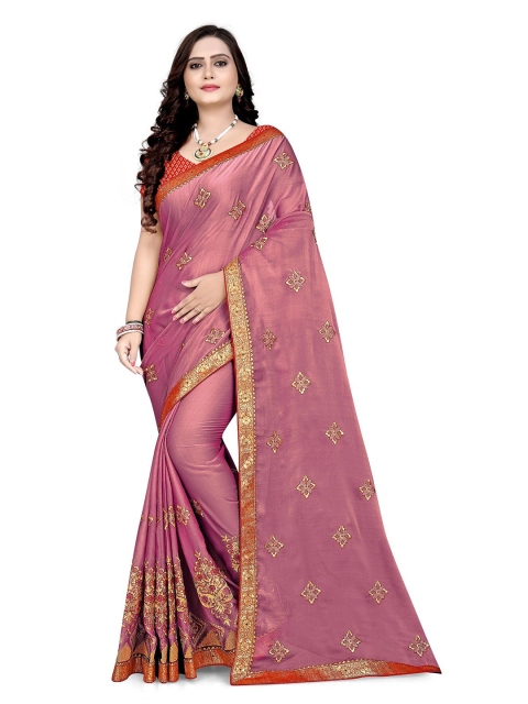 

KALINI Pink & Gold-Toned Floral Embroidery Pure Chiffon Jamdani Saree