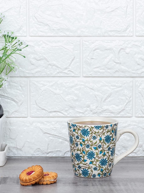 

Femora White Floral Printed Stoneware Matte Mugs Set of Cups and Mugs