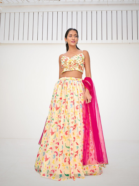 

SHOPGARB Cream-Coloured & Pink Embellished Semi-Stitched Lehenga Set