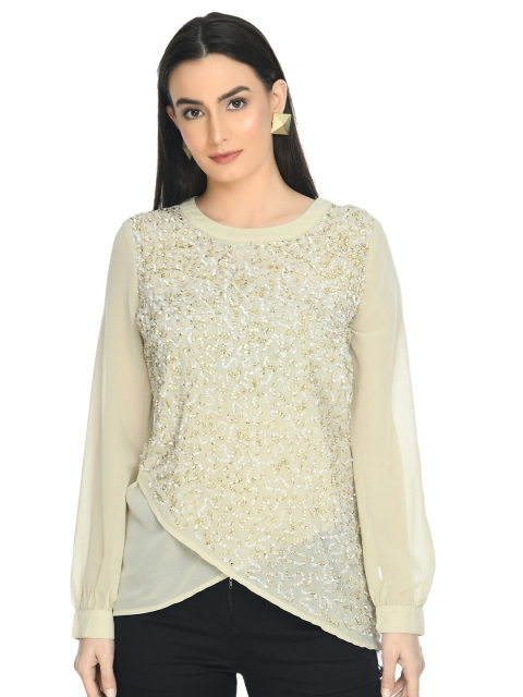 

DOLSU Beige & Silver-Toned Sequin Embellished Top