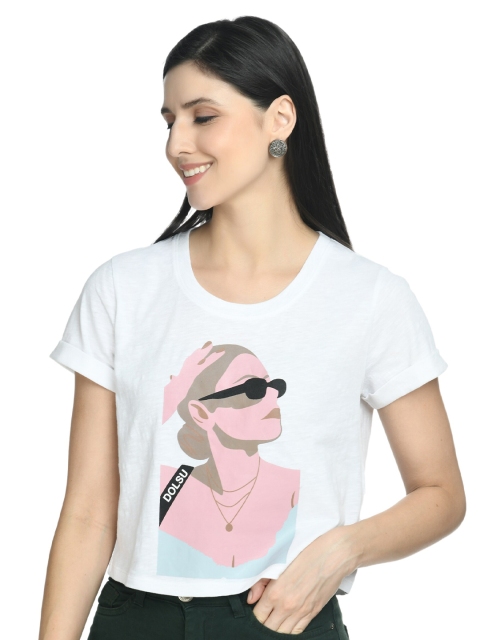 

DOLSU Women White Printed Crop Top
