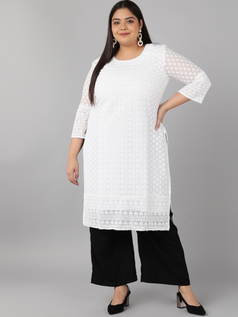 

SWAGG INDIA Women White Embroidered Chikan Georgette Kurta Plus size