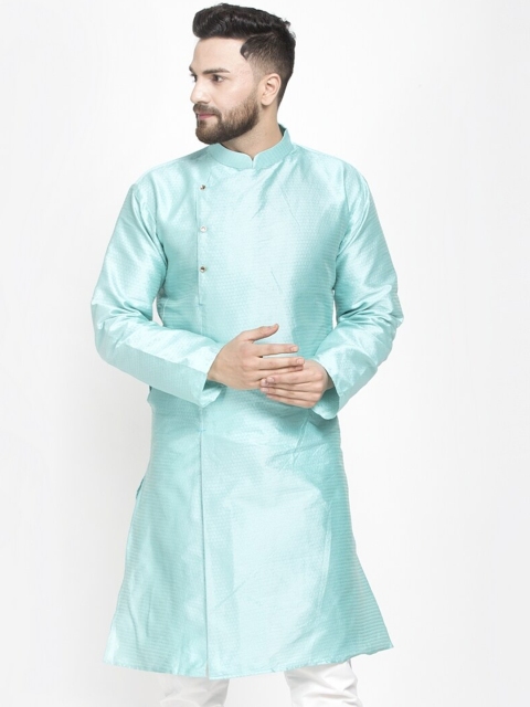 

Benstoke Men Blue Solid Silk Mandarin Collar Kurta