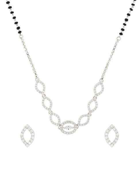 

ANAYRA 925 Sterling Silver Silver-Plated White Stone Studded Mangalsutra Earring Set