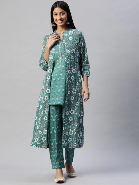 

Divena Women Green Printed Layered Mirror Work Pure Cotton Kurti with Trousers & With Dupatta