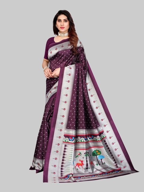 

Poshyaa Purple & Silver-Toned Ethnic Motifs Art Silk Mysore Silk Saree