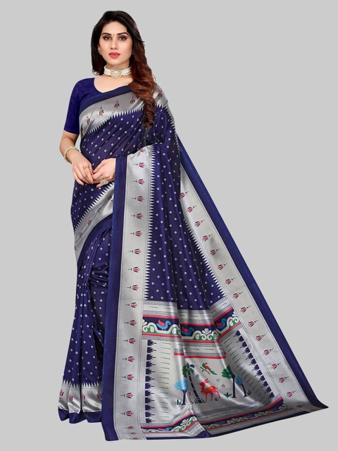 

Poshyaa Blue & Silver-Toned Art Silk Mysore Silk Saree