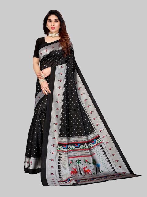 

Poshyaa Black & Silver-Toned Art Silk Mysore Silk Saree