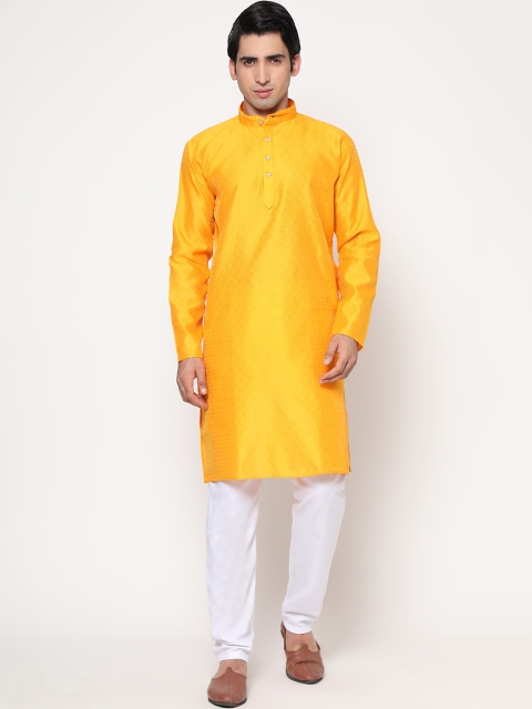 

Phenav Men Yellow Mandarin Collar Silk Kurta