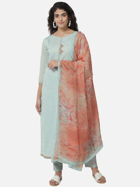 

Jansi Blue & Peach-Coloured Embroidered Unstitched Dress Material