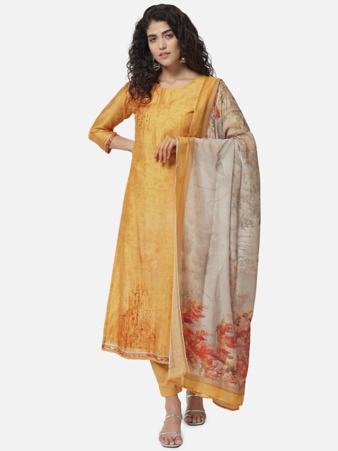 

Jansi Yellow & Brown Printed Unstitched Dress Material