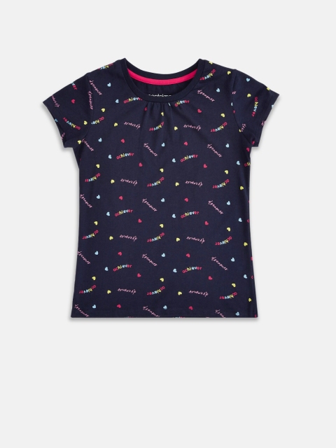 

Pantaloons Junior Girls Navy Blue Typography Printed Round Neck Cotton T-shirt