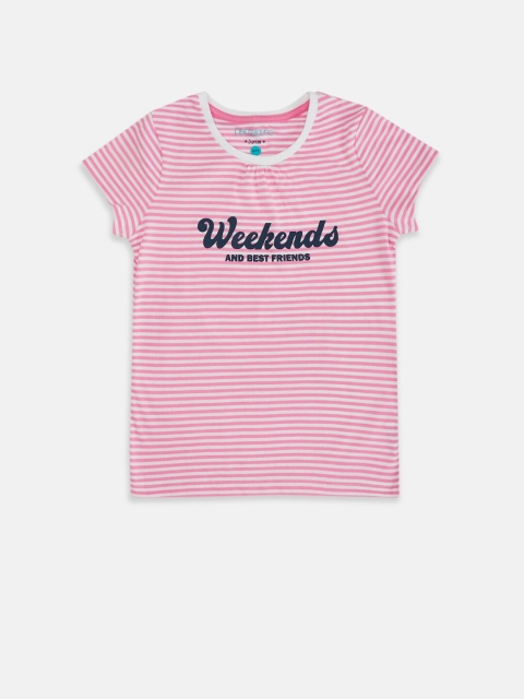 

Pantaloons Junior Girls White & Pink Striped Cotton T-shirt