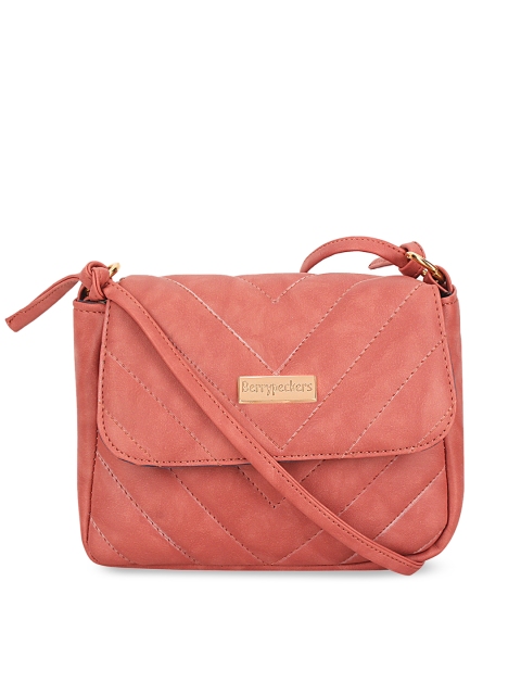 

Berrypeckers Peach-Coloured PU Structured Satchel with Quilted