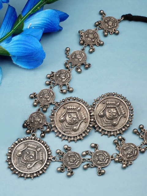 

Urmika Women Silver Oxidized Mandala Face Long Temple Jewellery Set