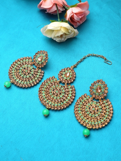 

STEORRA JEWELS Green Teardrop Shaped Chandbalis Earrings