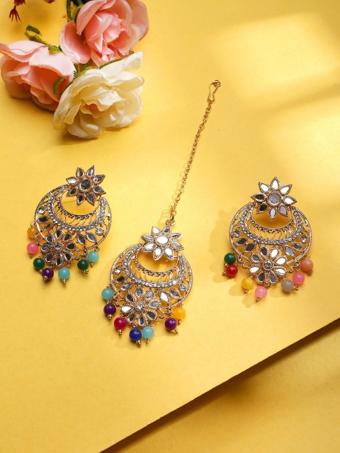

STEORRA JEWELS Gold Plated Kundan Earring Maangtikka MulticolorFor Women, Multi